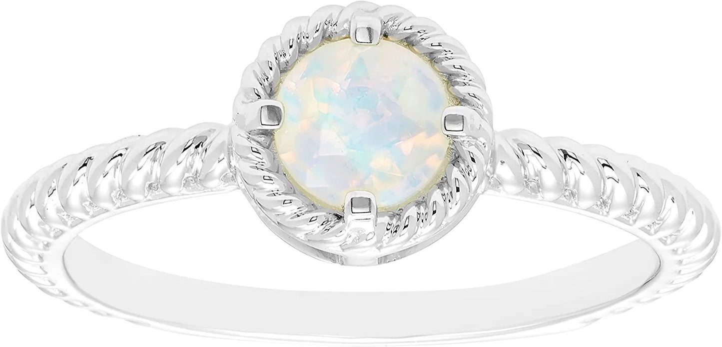 10 October - Solitaire Genuine Opal Gemstone Rope Halo Solitaire Stacking Ring in Sterling Silver
