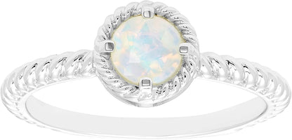 10 October - Solitaire Genuine Opal Gemstone Rope Halo Solitaire Stacking Ring in Sterling Silver