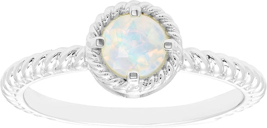 10 October - Solitaire Genuine Opal Gemstone Rope Halo Solitaire Stacking Ring in Sterling Silver