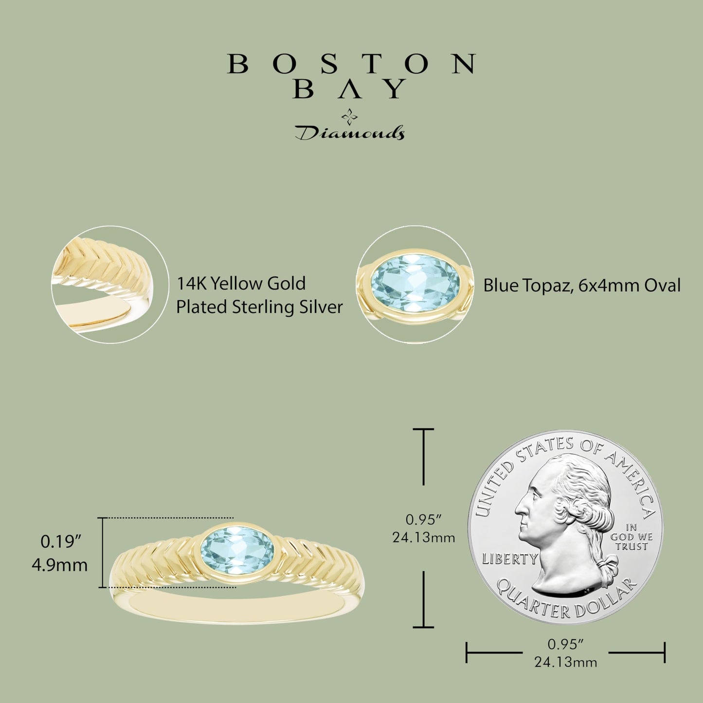 Oval Blue Topaz Ring in 14K Yellow Gold Plated Sterling Silver