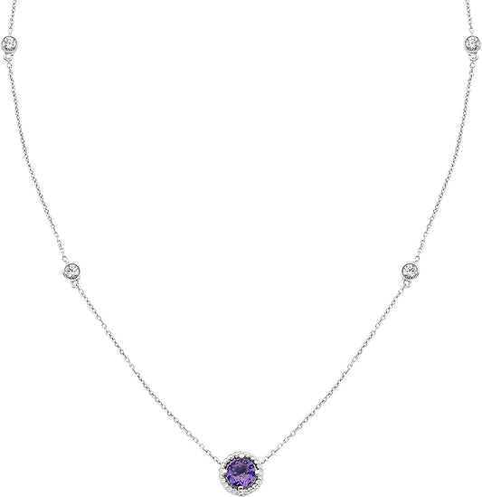 Sterling Silver Genuine Amethyst & Lab-Grown White Sapphire Necklace, 20" cable chain