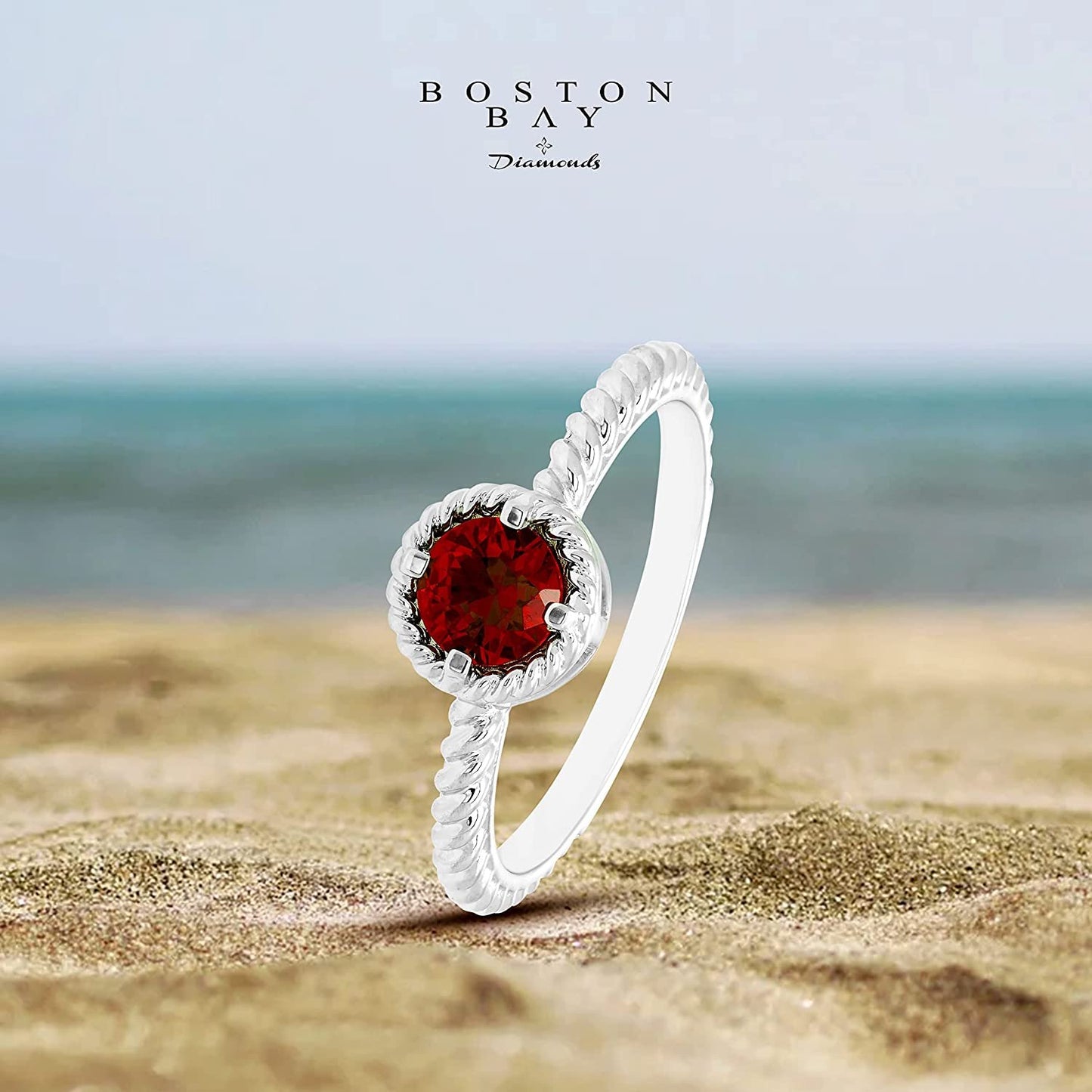 Genuine Garnet Gemstone Rope Halo Solitaire Stacking Ring in Sterling Silver
