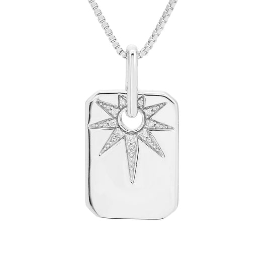 Diamond Sunburst DogTag Pendant in Sterling Silver With Chain