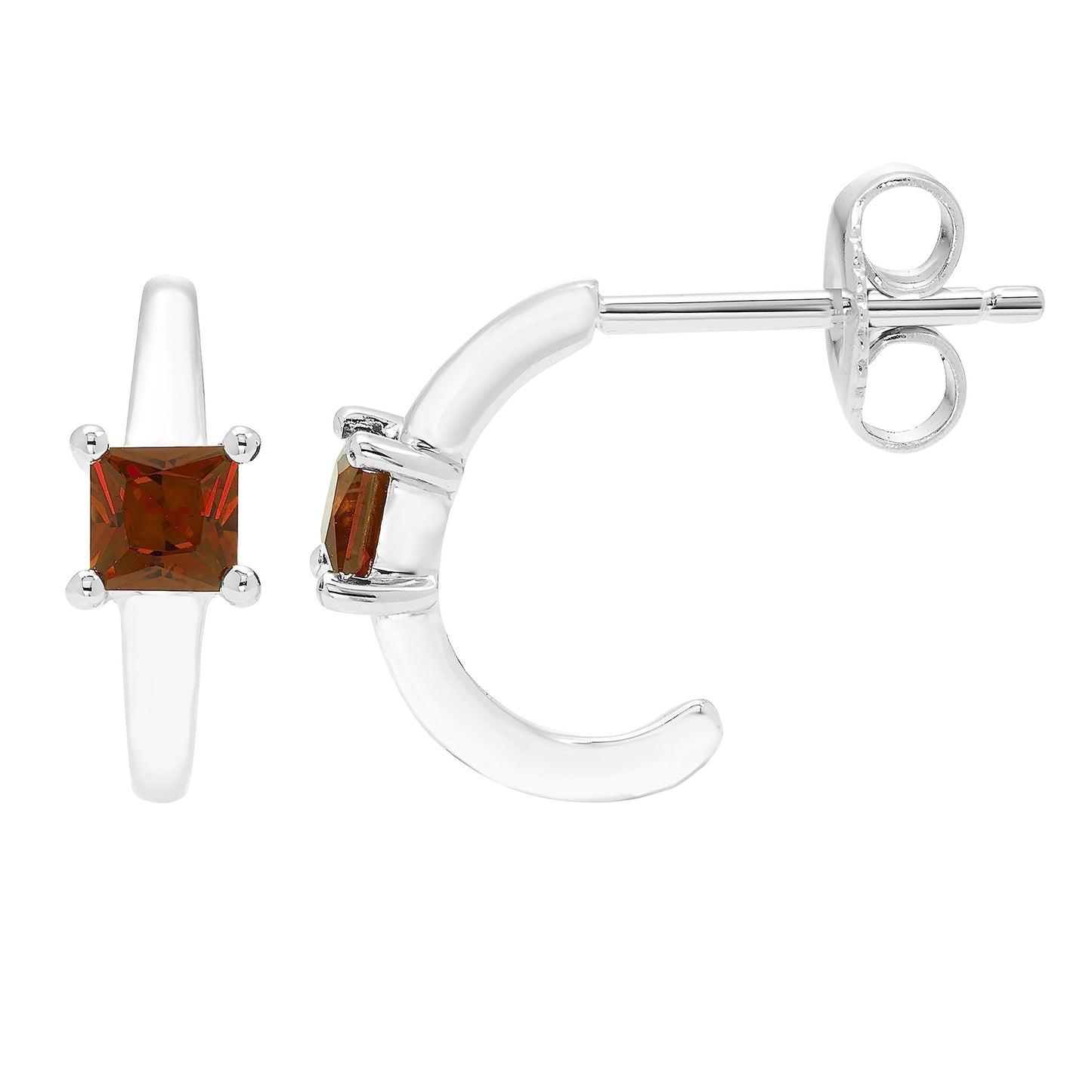 Garnet Princess Cut Half Hoop January Birthstone Earrings in .925 Sterling Silver