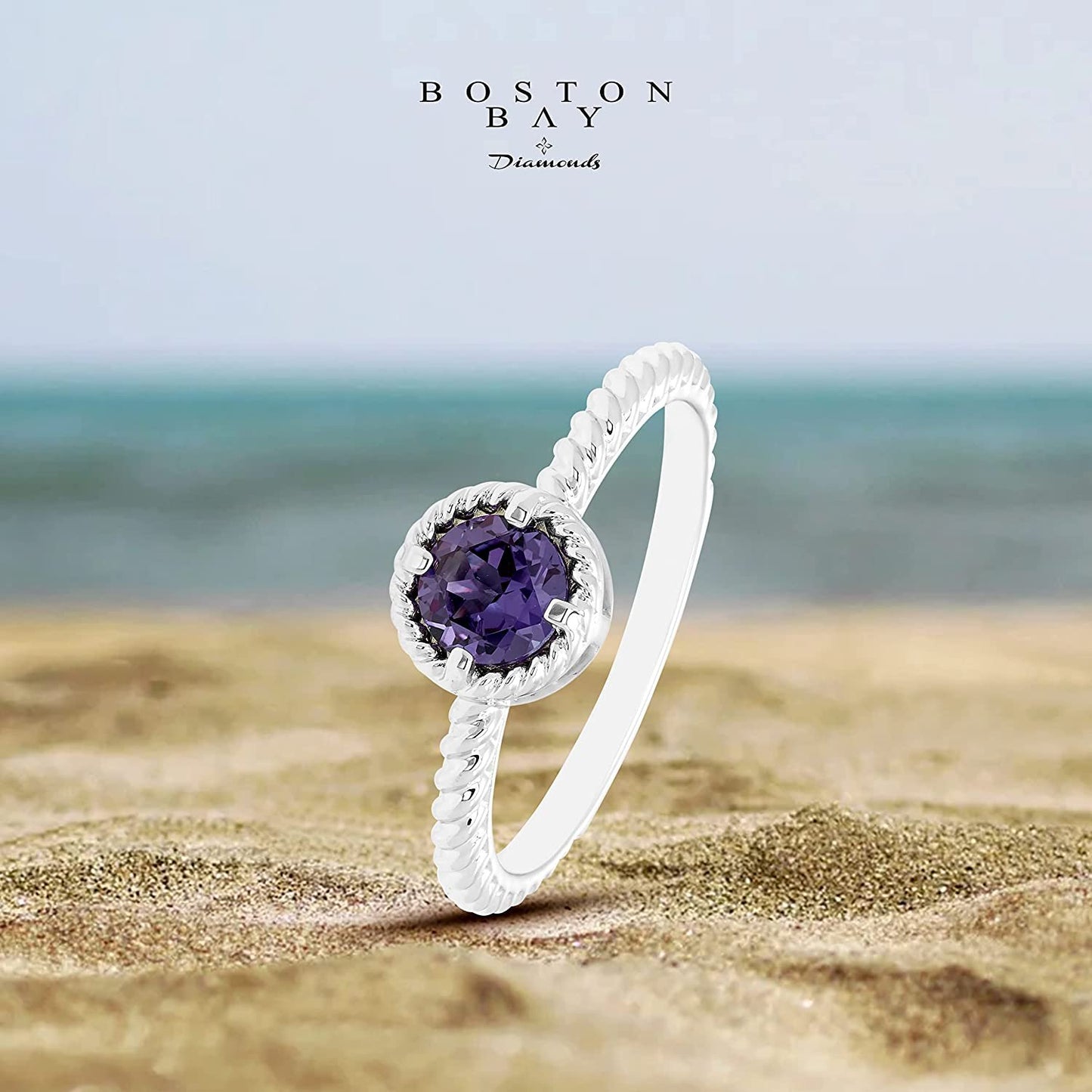 Lab-Grown Alexandrite Gemstone Rope Halo Solitaire Stacking Ring in Sterling Silver