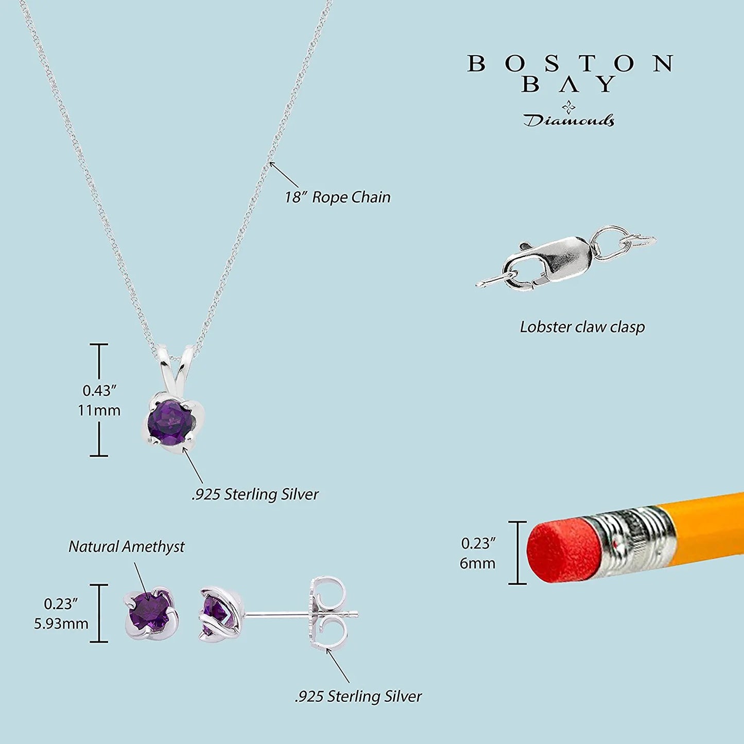 Sterling Silver Genuine Amethyst 4-Prong Twist Solitaire Earrings & Pendant Set with Chain