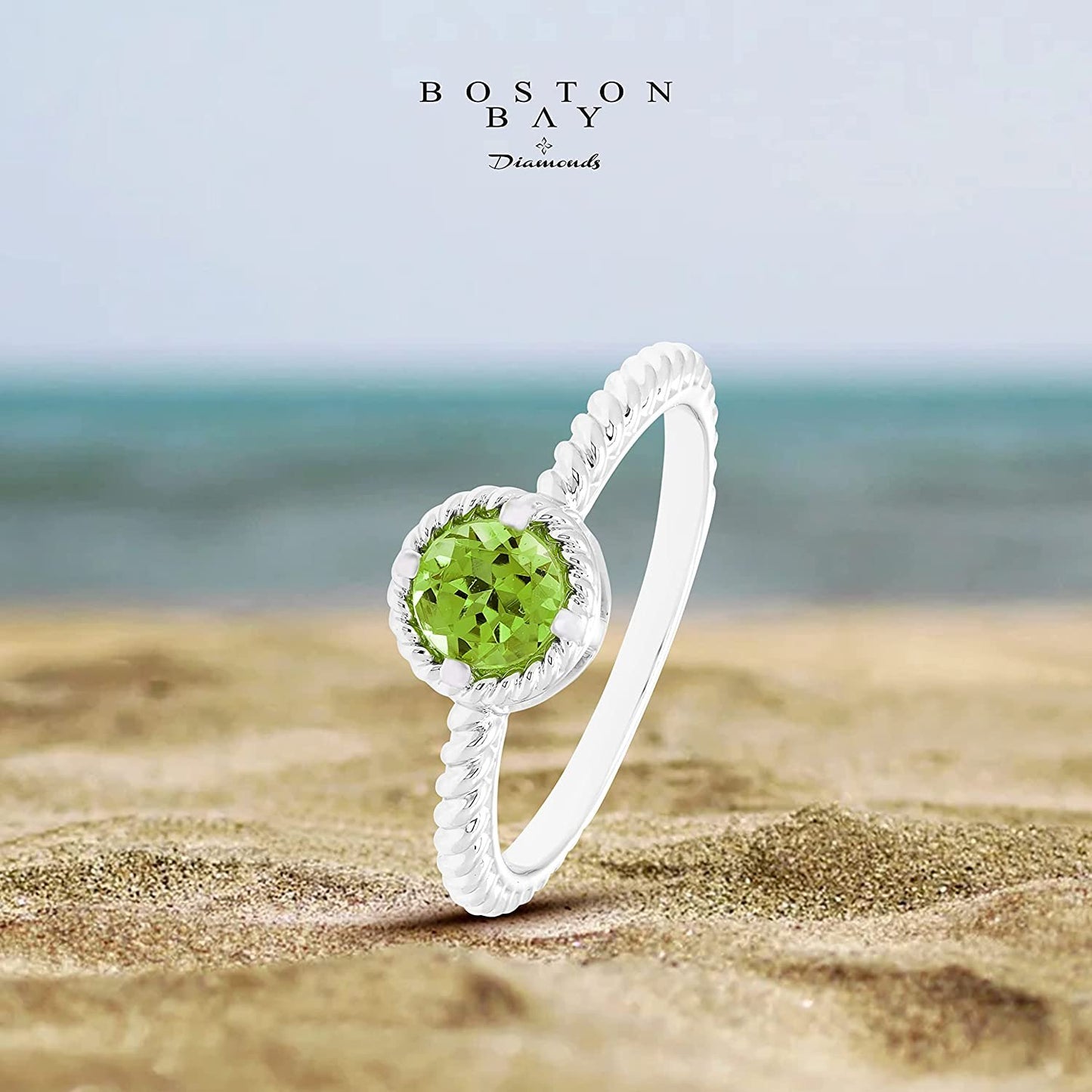 Genuine Peridot Gemstone Rope Halo Solitaire Stacking Ring in Sterling Silver
