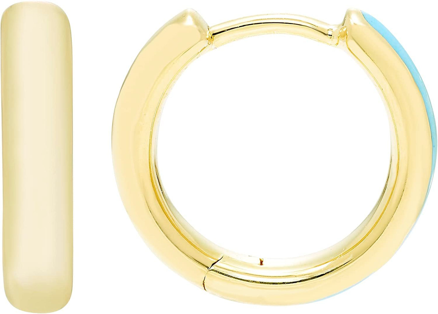 Turquoise Enamel Reverisible Huggie Hoop Earrings in 14K Yellow Gold Sterling Silve