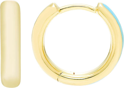 Turquoise Enamel Reverisible Huggie Hoop Earrings in 14K Yellow Gold Sterling Silve