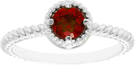 Genuine Garnet Gemstone Rope Halo Solitaire Stacking Ring in Sterling Silver