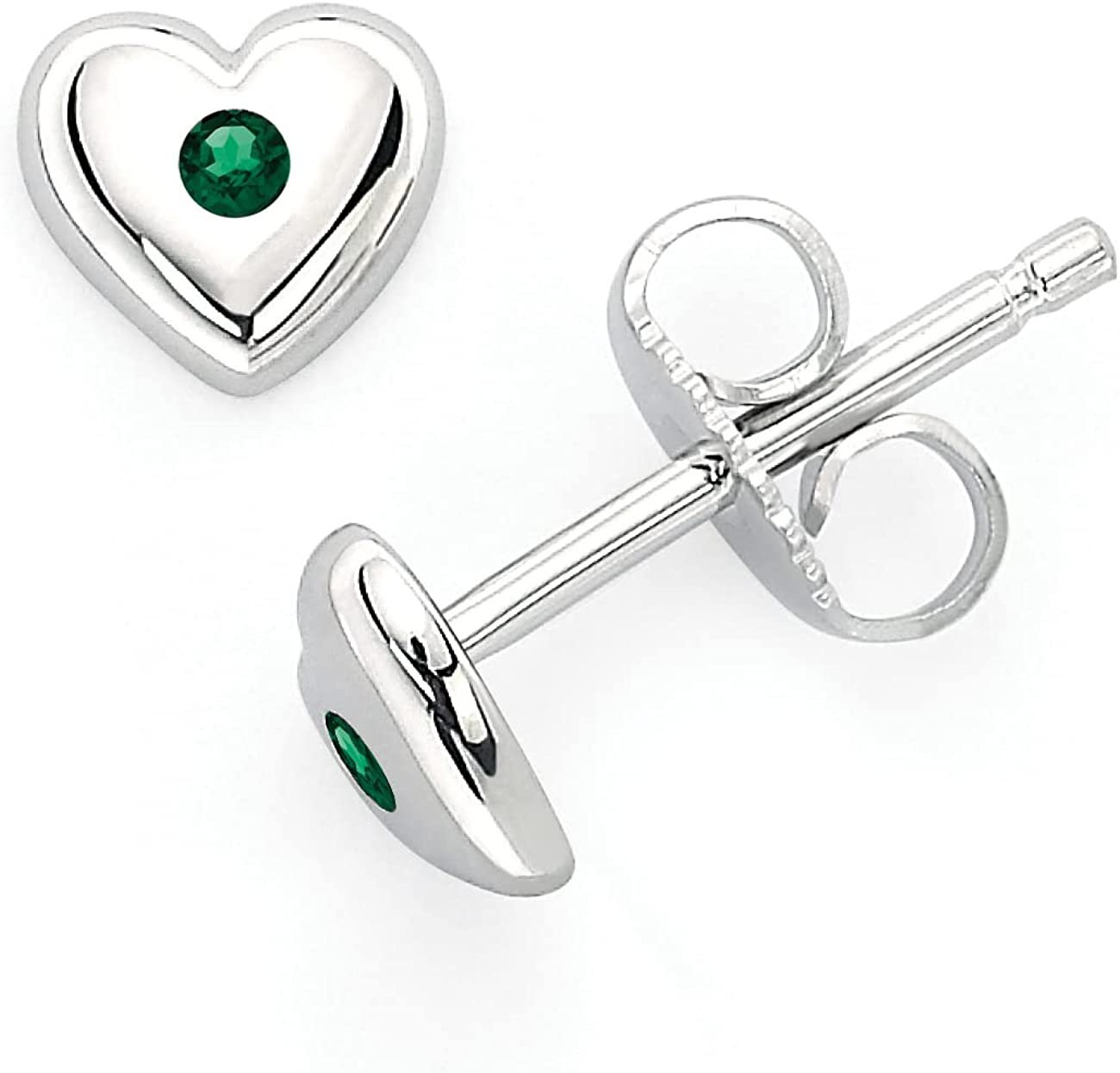 Simulated Emerald Sterling Silver Birthstone Heart Stud Earrings