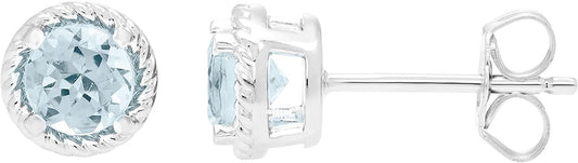 Sterling Silver Genuine Aquamarine Halo Rope Stud Earrings