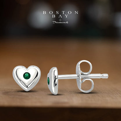 Simulated Emerald Sterling Silver Birthstone Heart Stud Earrings