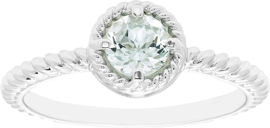 Genuine Aquamarine Gemstone Rope Halo Solitaire Stacking Ring in Sterling Silver