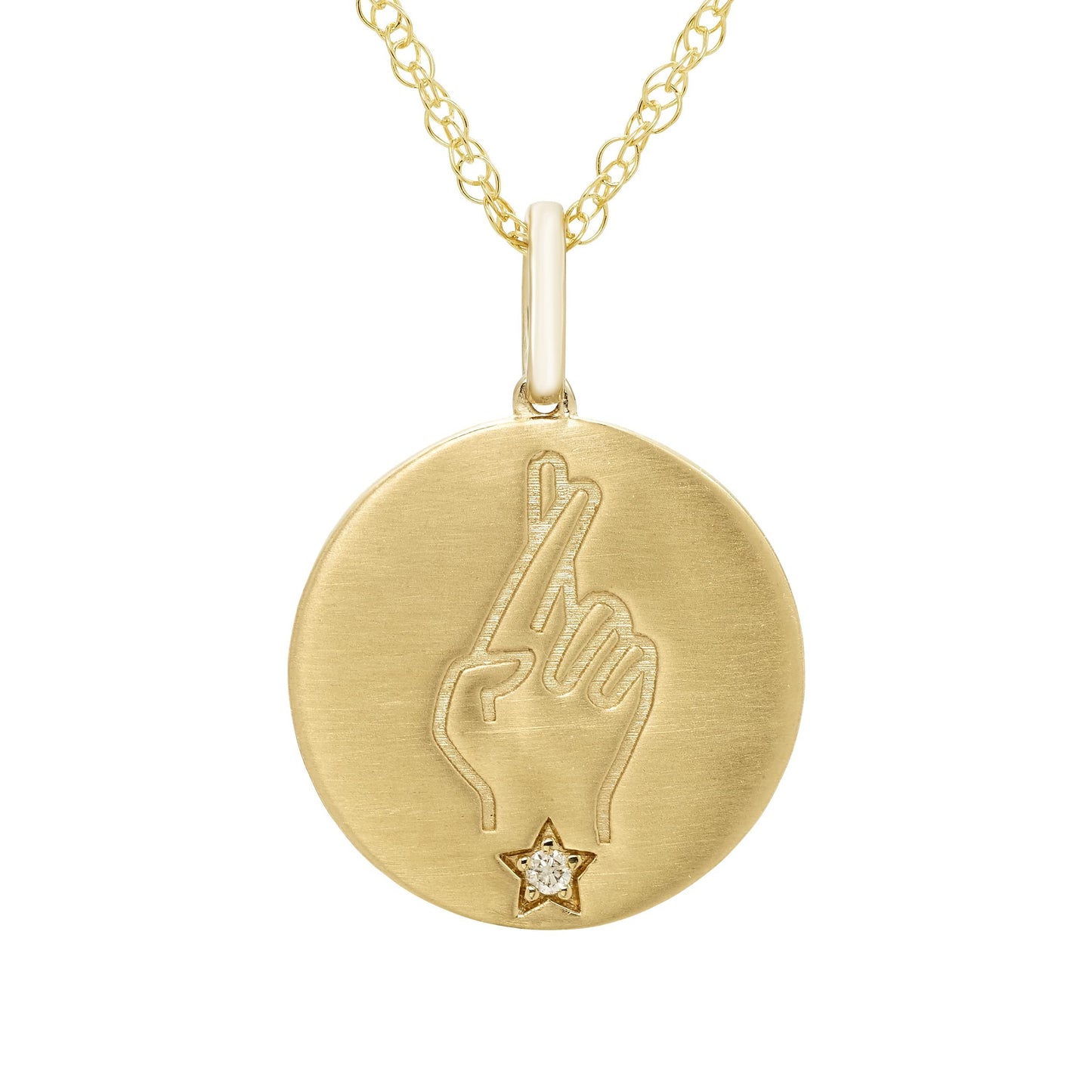 Genuine Diamond "Fingers Crossed" Coin Pendant in 14Karat Yellow Gold Sterling Silver