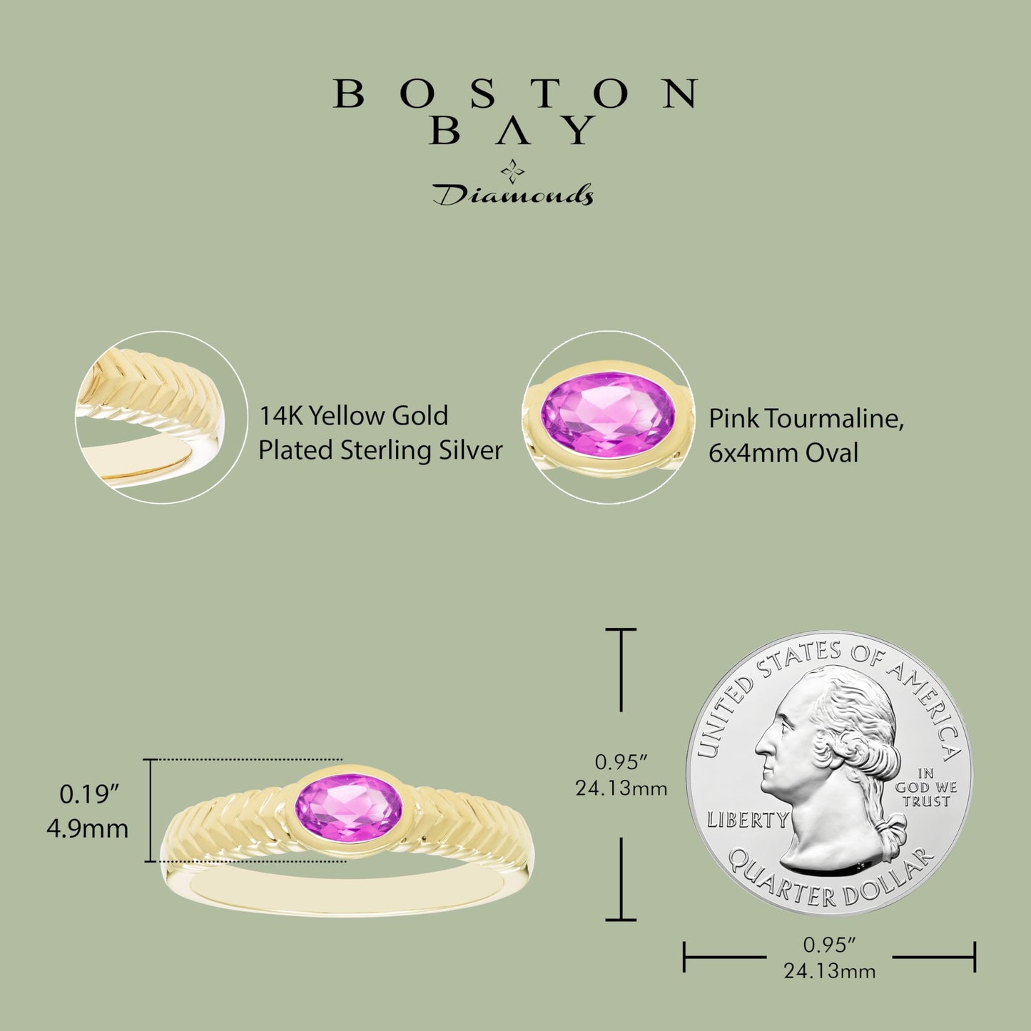 Oval Pink Tourmaline Ring in 14K Yellow Gold Plated Sterling Silver