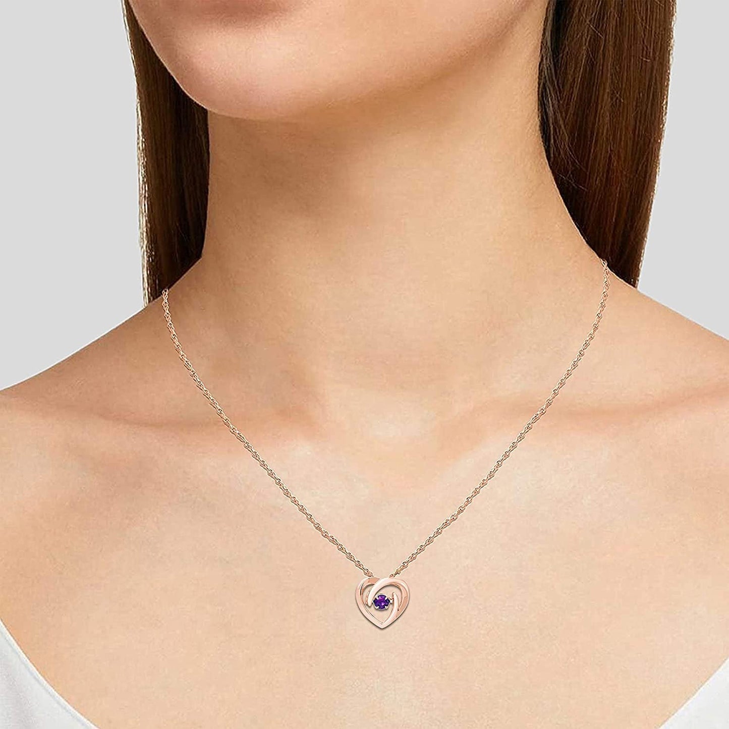 Genuine Amethyst Dancing Gemstone Heart Pendant in 14K Rose Sterling Silver