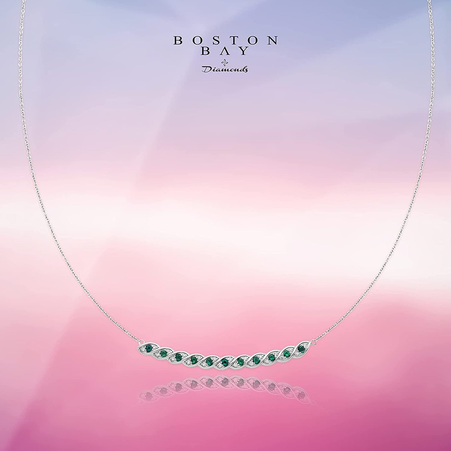 Sterling Silver Lab-Grown Emerald & 1/10cttw Diamond Necklace, 20" cable chain