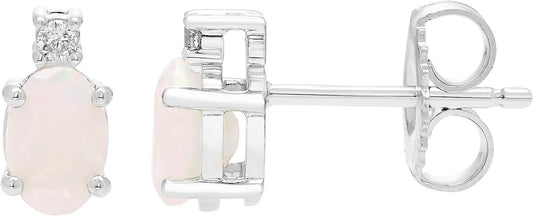Opal Oval Cut & Diamond Accented Stud Earrings in .925 Sterling Silver