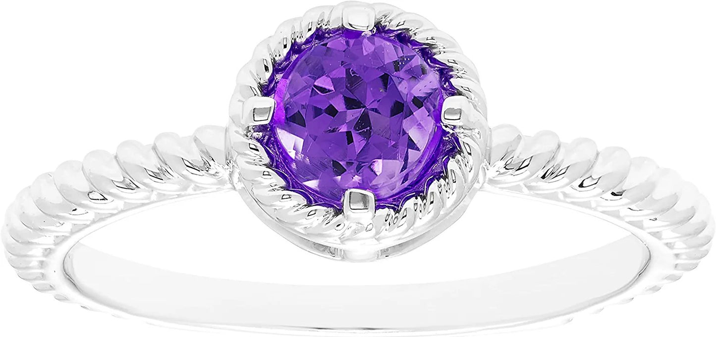 Genuine Amethyst Gemstone Rope Halo Solitaire Stacking Ring in Sterling Silver