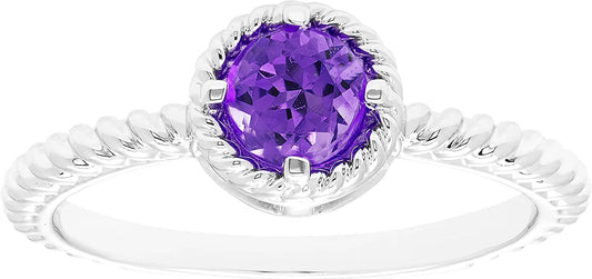 Genuine Amethyst Gemstone Rope Halo Solitaire Stacking Ring in Sterling Silver