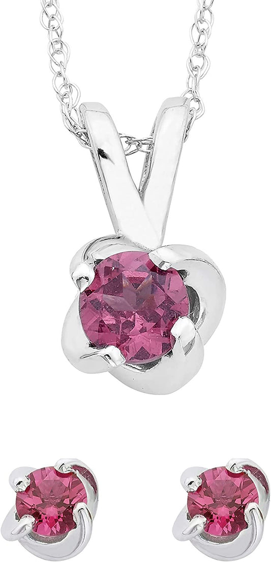 Sterling Silver Genuine Pink Tourmaline 4-Prong Twist Solitaire Earrings & Pendant Set with Chain