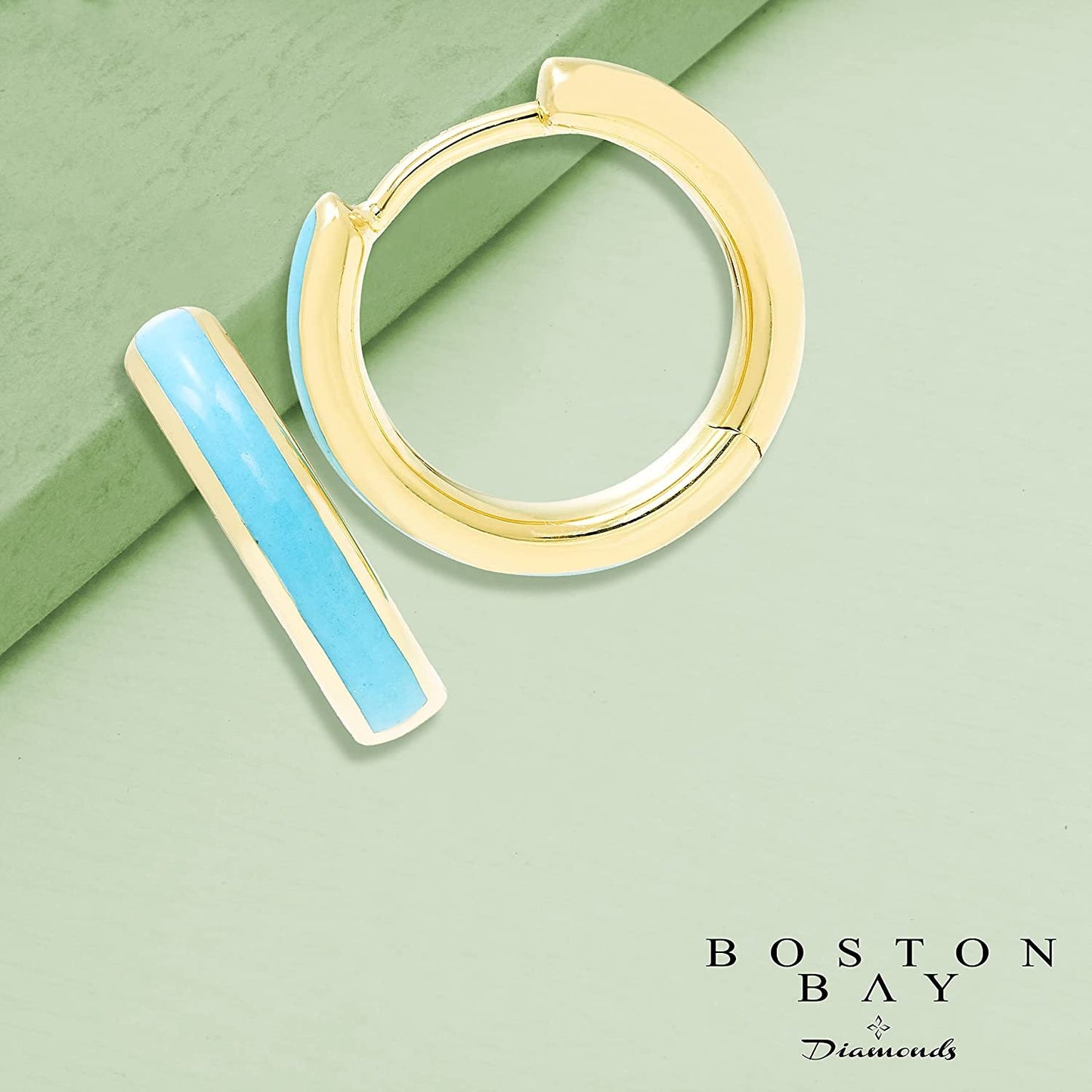Turquoise Enamel Reverisible Huggie Hoop Earrings in 14K Yellow Gold Sterling Silve