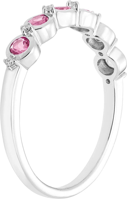 Sterling Silver Genuine Pink Tourmaline & Diamond Stacking Ring
