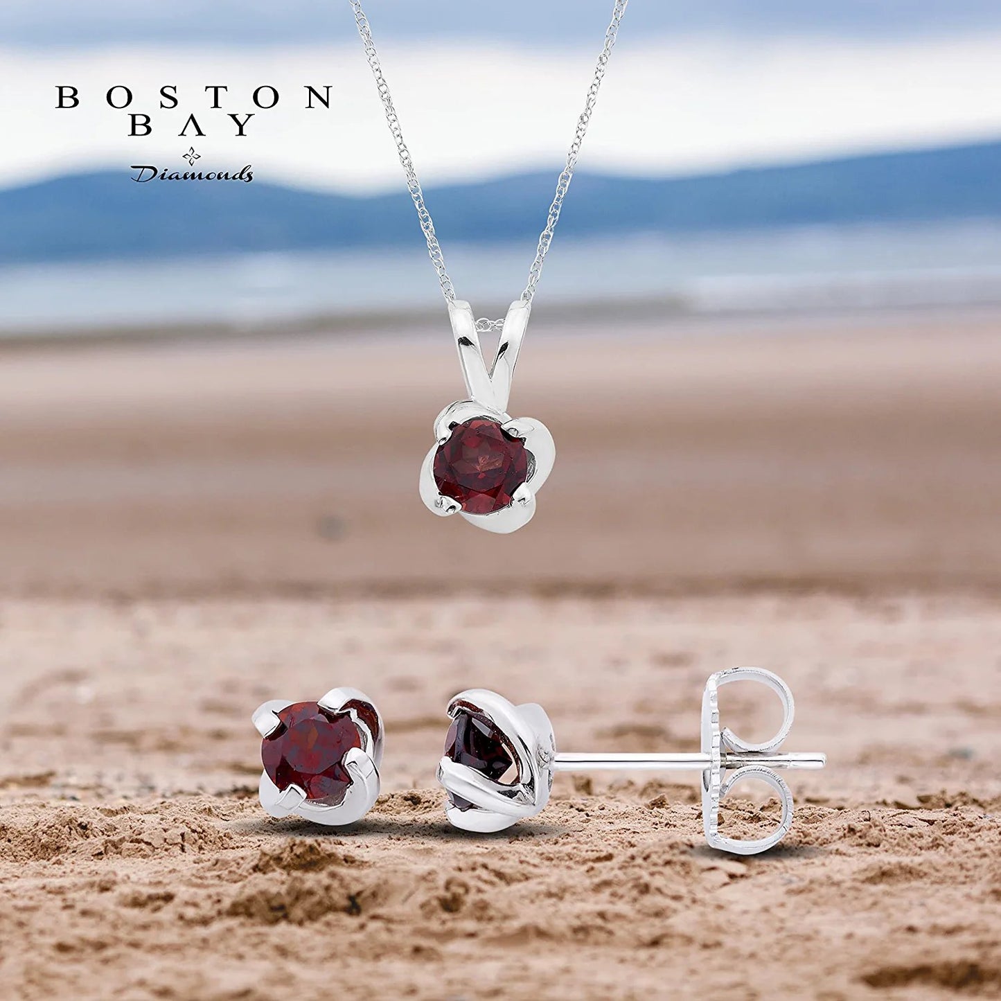Sterling Silver Genuine Garnet 4-Prong Twist Solitaire Earrings & Pendant Set with Chain