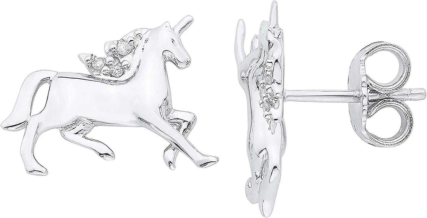 Genuine Diamond Children's Unicorn Stud Earrings in Sterling Silver