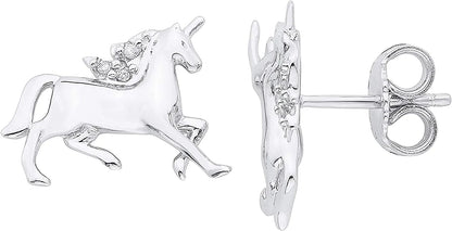 Genuine Diamond Children's Unicorn Stud Earrings in Sterling Silver