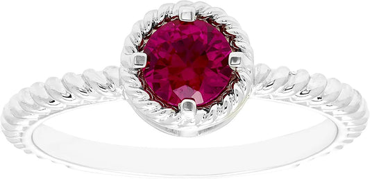 Lab-Grown Ruby Gemstone Rope Halo Solitaire Stacking Ring in Sterling Silver