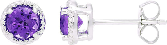 Sterling Silver Genuine Amethyst Halo Rope Stud Earrings