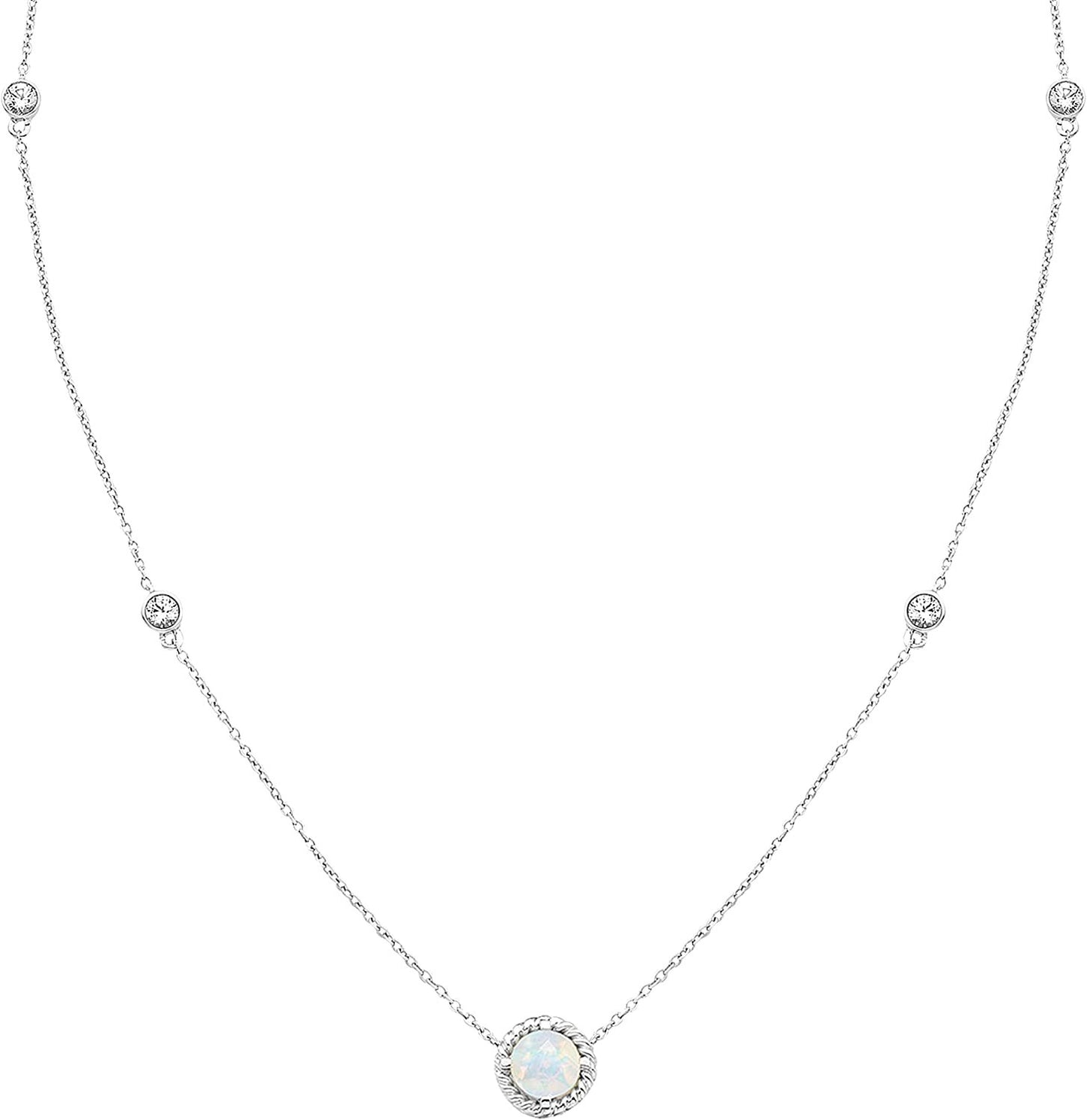 Sterling Silver Genuine Opal & Lab-Grown White Sapphire Necklace, 20" cable chain