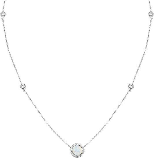 Sterling Silver Genuine Opal & Lab-Grown White Sapphire Necklace, 20" cable chain