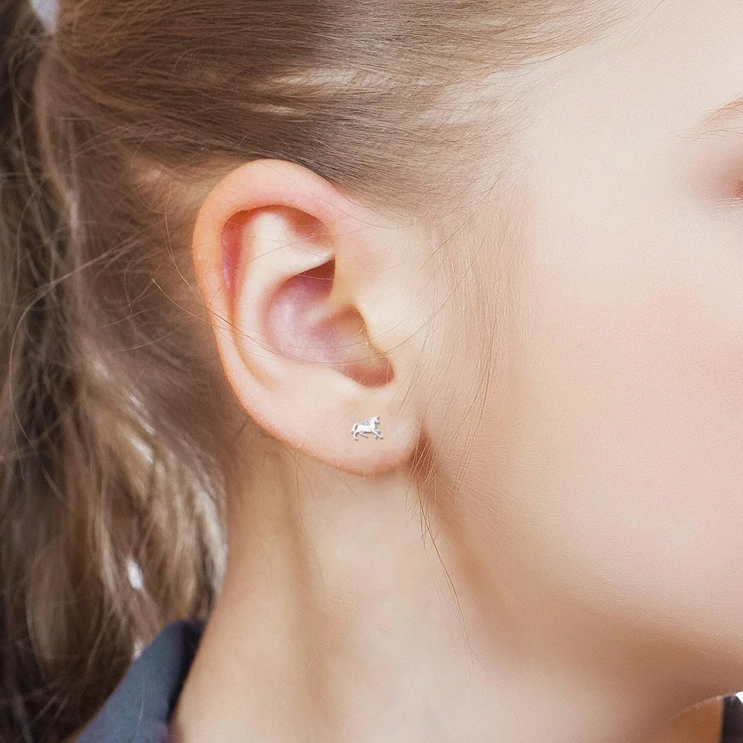 Genuine Diamond Children's Unicorn Stud Earrings in Sterling Silver