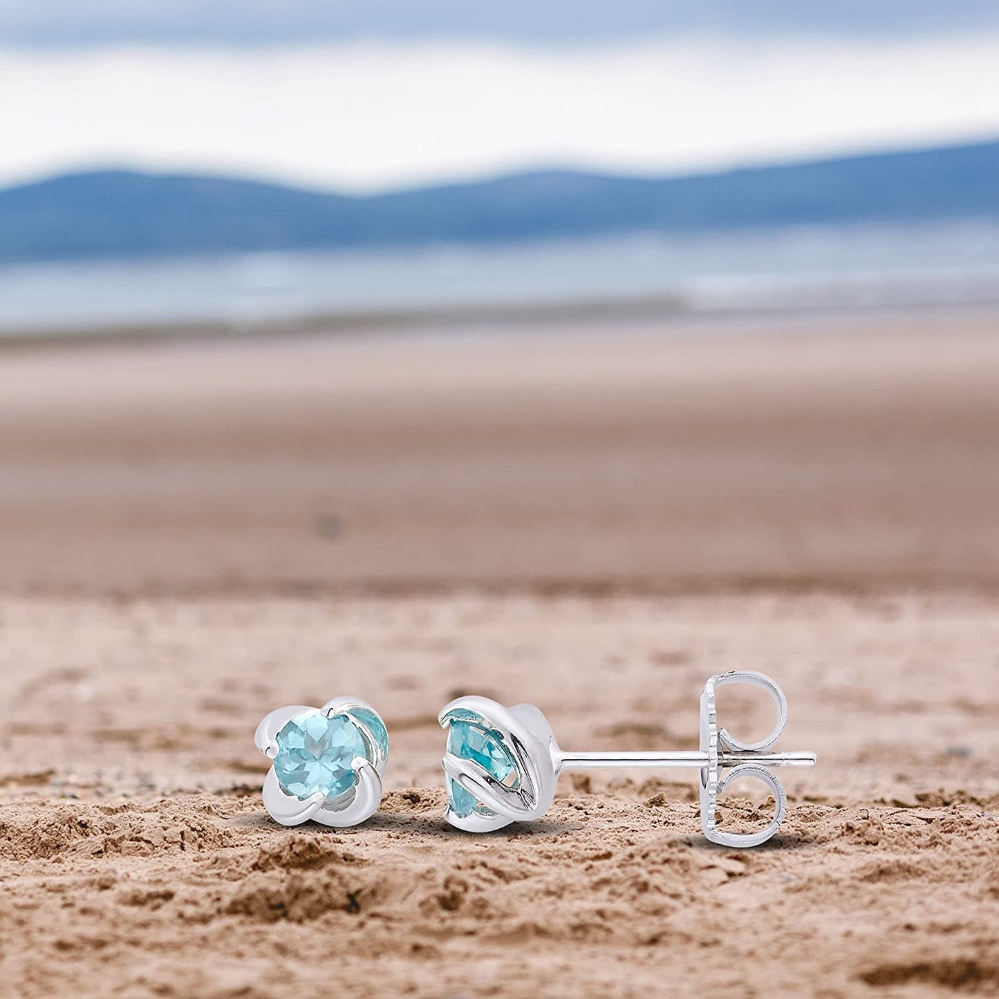 Genuine Aquamarine Petite Twist Solitaire Sterling Silver Stud Earrings