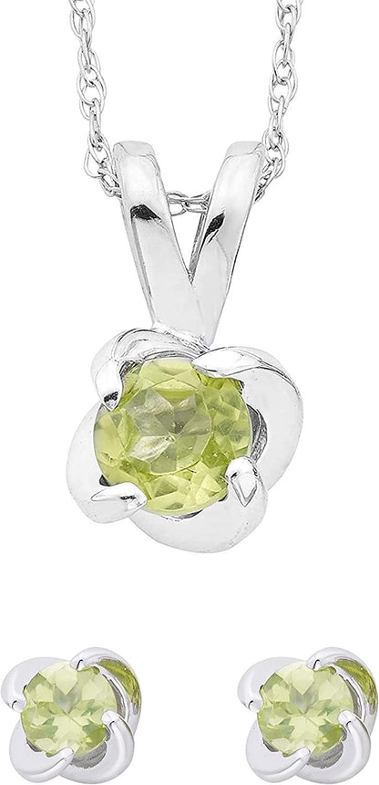 Sterling Silver Genuine Peridot 4-Prong Twist Solitaire Earrings & Pendant Set with Chain