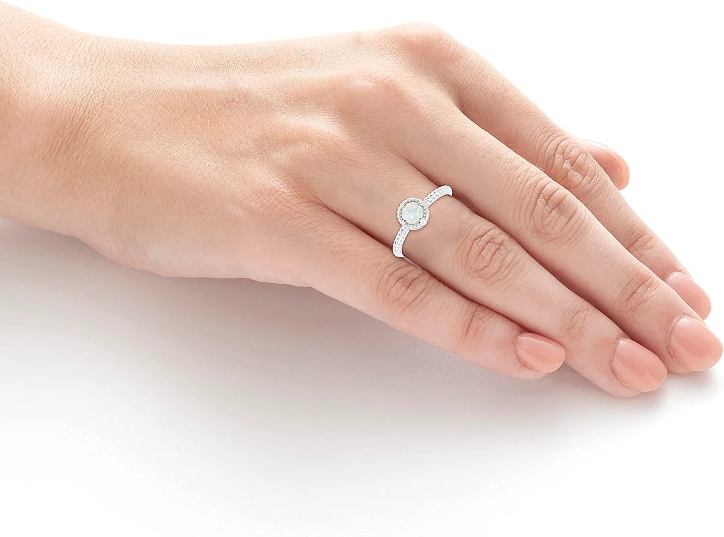 10 October - Solitaire Genuine Opal Gemstone Rope Halo Solitaire Stacking Ring in Sterling Silver