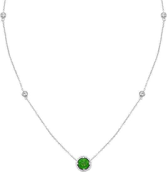 Sterling Silver Lab-Grown Emerald & White Sapphire Necklace, 20" cable chain