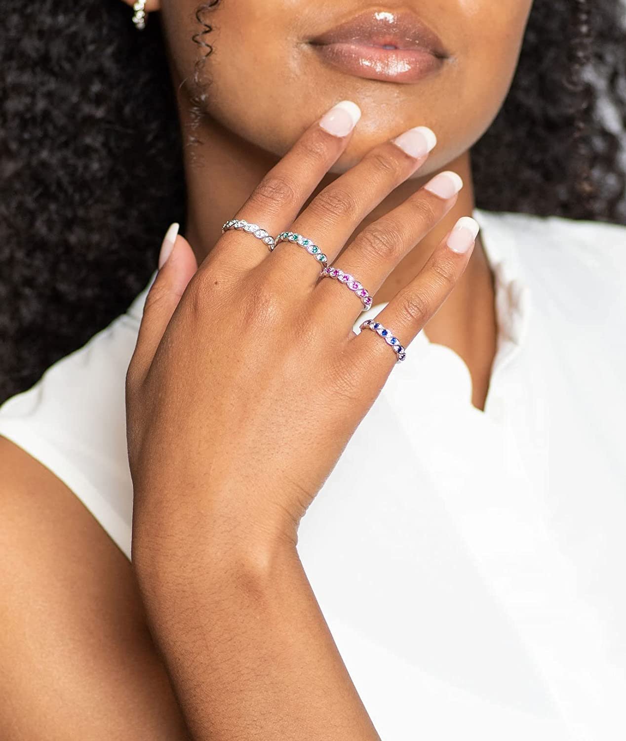 Sterling Silver Lab-Grown Blue Sapphire & 1/10cttw Genuine Diamond Stacking Ring
