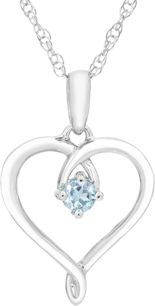 Sterling Silver Genuine Aquamarine Heart Pendant with Chain