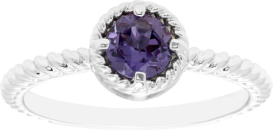 Lab-Grown Alexandrite Gemstone Rope Halo Solitaire Stacking Ring in Sterling Silver