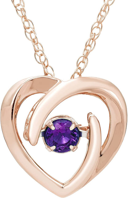 Genuine Amethyst Dancing Gemstone Heart Pendant in 14K Rose Sterling Silver