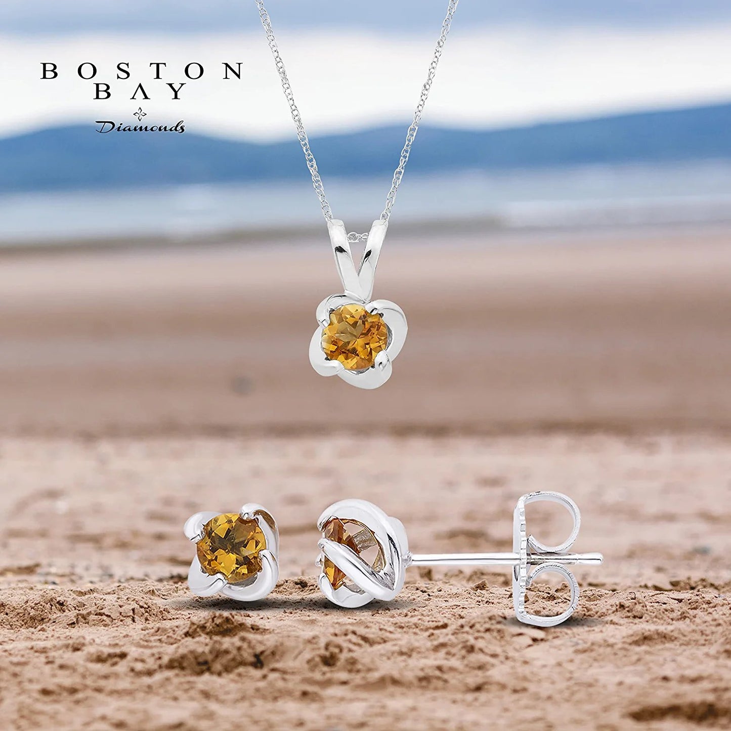 Sterling Silver Genuine Citrine 4-Prong Twist Solitaire Earrings & Pendant Set with Chain