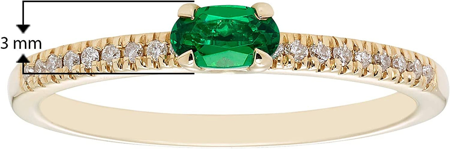 10K Yellow Gold Lab-Grown Oval Emerald & 1/10cttw Genuine Diamond Statement Ring