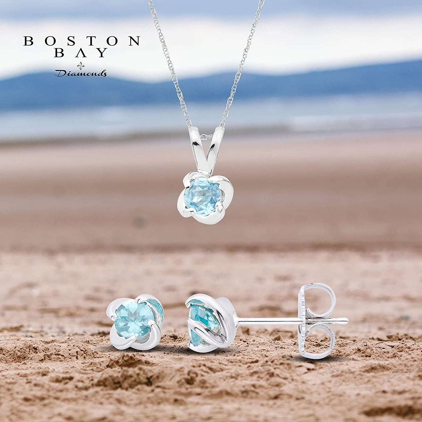 Sterling Silver Genuine Aquamarine 4-Prong Twist Solitaire Earrings & Pendant Set with Chain
