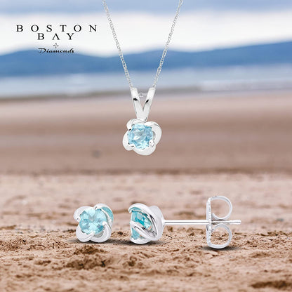 Sterling Silver Genuine Aquamarine 4-Prong Twist Solitaire Earrings & Pendant Set with Chain
