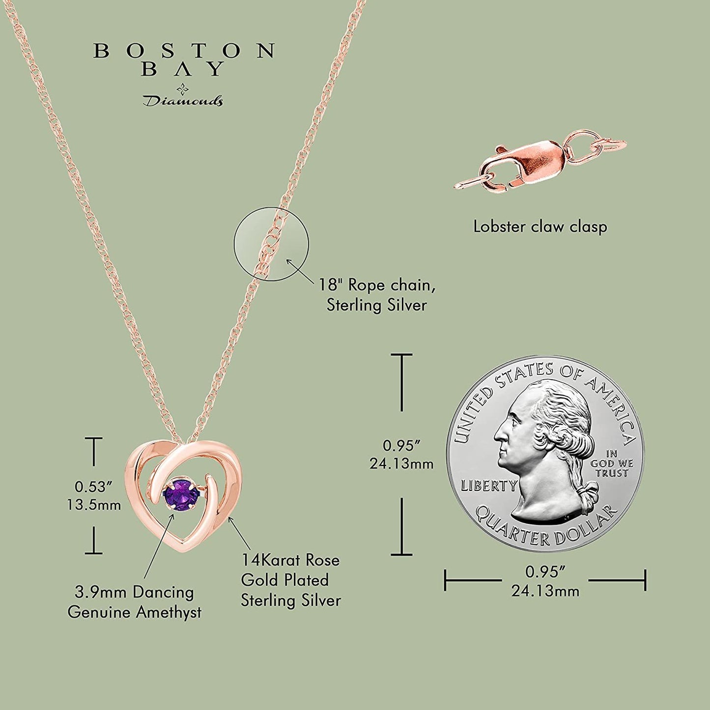 Genuine Amethyst Dancing Gemstone Heart Pendant in 14K Rose Sterling Silver