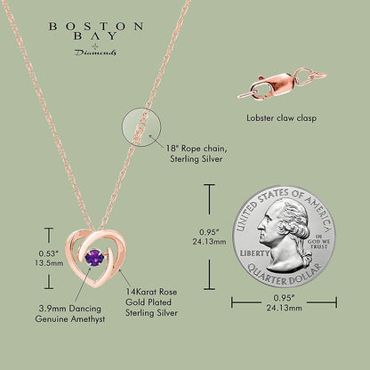 Genuine Amethyst Dancing Gemstone Heart Pendant in 14K Rose Sterling Silver